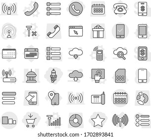 Editable thin line isolated vector icon set - add to cart, star, spark plug, phone, calendar vector, goverment house, sorting, mobile checking, wireless, touchscreen, sim card, router, no, traking