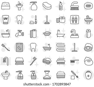 Editable thin line isolated vector icon set - wc, roentgen vector, uv cream, sink, towel, soap, fetlock, mop, sponge, water tap, car, bath, toilet brush, liquid, paper, tooth, with foam, basin