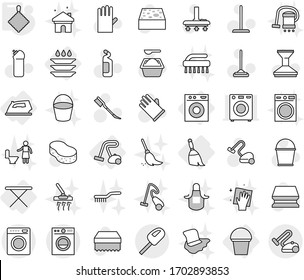Editable thin line isolated vector icon set - iron, board, washing machine, broom, bucket, vacuum cleaner, plate, rag, vector, mop, sponge, car fetlock, powder, cleaning agent, rubber glove, wiping