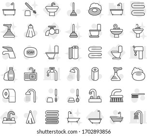 Editable thin line isolated vector icon set - water tap, sink, bath, toilet, towel, soap vector, plunger, fetlock, brush, paper, shower, shampoo, supply
