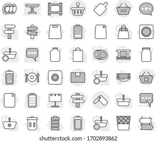 Editable thin line isolated vector icon set - remove from basket, delete cart, singlepost, package box, label, ring button, cutting board, battery vector, plates, fork spoon plate, trash bin, jar