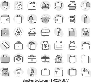 Editable thin line isolated vector icon set - wallet, add to basket, shopping bag, doctor case vector, dropper, tourist, passenger, suitcase, baggage checking, get, trolley, flour, washing powder