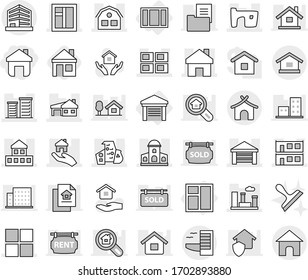 Editable thin line isolated vector icon set - home, cottage, mansion, slum, garage, modern architecture, house with, modular, panel, window, district, city, real estate, office, hotel, bungalow