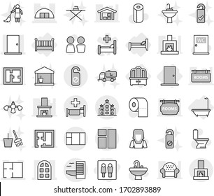 Editable thin line isolated vector icon set - wc, hangare, door, arch window, plan, hotel, hospital, do not distrub, bath, dresser, bed, crib, toilet vector, paper, water closet, sink, cleaner woman
