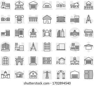 Editable thin line isolated vector icon set - store, hospital vector, column, castle, arch, bridge, drawbridge, draw compass, cottage, houses, library, building, mall, airport, minaret, garage, fort