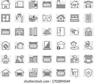 Editable thin line isolated vector icon set - home, skyscrapers, skyscraper, houses, slum, garage, modern architecture, district, real estate, house hold vector, cottage, pond, solar panel, mountain