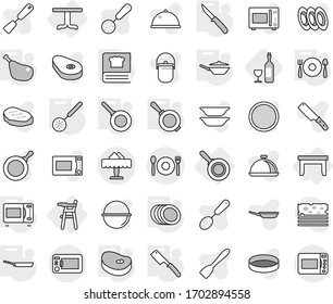 Editable thin line isolated vector icon set - cafe, restaurant, table, Chair for babies, pan, skimmer, knife, chef, microwave oven, cooking book, plates, fork spoon plate, steake, chicken leg, wine