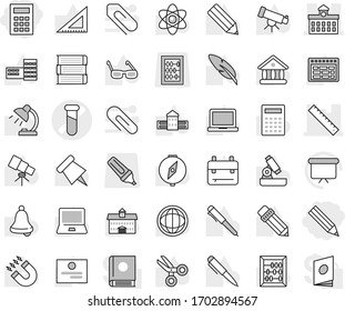 Editable thin line isolated vector icon set - pencil, calculator, test vial vector, university, ruler, book, pen, school building, corner, glasses, backpack, atom, telescope, microscope, bell, world
