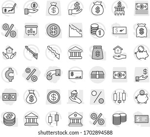 Editable thin line isolated vector icon set - hand coin, money, percent, library, real estate, house hold vector, bank, japanese candle, crisis, bag, piggy, investment, stack, check, building