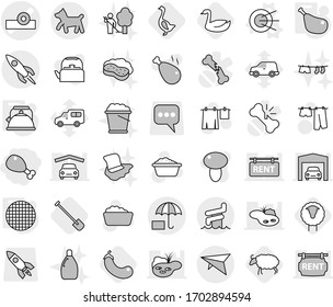 Editable thin line isolated vector icon set - chicken leg, head reflector vector, insurance, rocket, deltaplane, aquapark, dog, satellite, kettle, sieve, sheep, shovel, goose, eggplant, foam basin