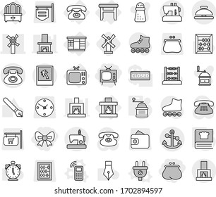 Editable thin line isolated vector icon set - bow, purse, tv, windmill, phone, anchor, photo, service bell, wardrobe, dresser, stool, fireplace, plug vector, mobile, hand mill, cooking book, pen