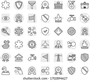 Editable thin line isolated vector icon set - medal, ambulance star vector, medical label, university, flammable, train, tennis, shield, water tap, handle washing, protected, lighthouse, funnel, eye