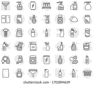 Editable thin line isolated vector icon set - funnel, cleanser, pills bottle vector, potion, vegetable oil, spices, ketchup, wine, window cleaning, liquid soap, sprayer, agent, garbage pile, shampoo