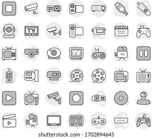 Editable thin line isolated vector icon set - surveillance, intercome, camera, tv, web vector, vr helmet, projector, cd, cinema clap, film spool, gamepad, video, remote control, play button, pause