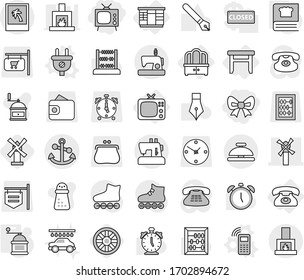 Editable thin line isolated vector icon set - bow, tv, windmill, anchor, photo, service bell, wardrobe, dresser, stool, phone, plug vector, mobile, hand mill, cooking book, wheel, car wash, pen
