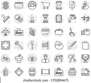 Editable thin line isolated vector icon set - donut, medical cross vector, eye, sperm, fence, loading, airplane, lounger, jellyfish, sink, pan, plate washing, big spoon, meat hammer, plow, spikelets
