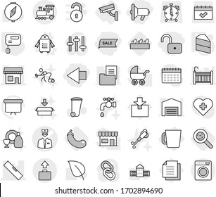 Editable thin line isolated vector icon set - unlock, sale, left arrow, megafon, doctor vector, shop, level, train, baggage, cup, surveillance camera, robot, mixer, cake, seedling, eggplant, viruses