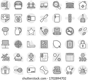 Editable thin line isolated vector icon set - baby stroller, medical flag vector, airport building, smart house, location details, route, clipboard, hi quality package, transporter tape, scoop, jug