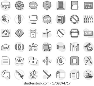 Editable thin line isolated vector icon set - rake vector, water closet, graduate hat, schedule, document, molecule, constellation, crisis, tie, dollar shield, cursor, barbell, jump rope, route, tv