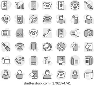 Editable thin line isolated vector icon set - mobile pay, phone, 24, support manager, location, checking, camera, intercome, vector, laptop wifi, office, touchscreen, sim card, antenna signal, no