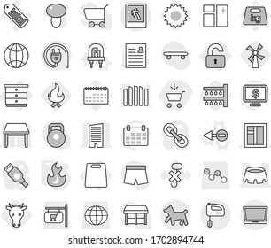 Editable thin line isolated vector icon set - add to cart, skyscraper, window, stadium, photo, dog, unlocked, chest of drawers, cutting board, electron vector, led, fire, watering, windmill, cow