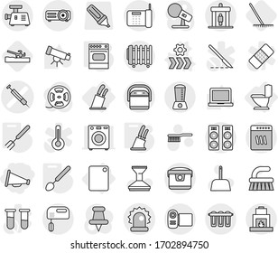 Editable thin line isolated vector icon set - loudspeaker, syringe vector, alarm, detector, toilet, cutting board, stands for knives, conveyor, big spoon, fork, knife holder, oven, soil cutter, rake