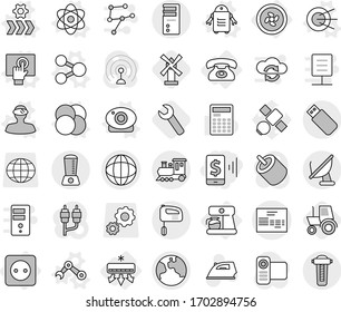 Editable thin line isolated vector icon set - mobile pay, globe, invoice, earth, train, cooler fan, power socket, phone, air conditioning, coffee maker, atom vector, core, share, satellite, conveyor