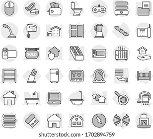 Editable thin line isolated vector icon set - home, houses, brick, house, bath, mirror, electricity, wireless, rack, crib, tv, fridge, stands for knives, pan, window, stairs, towels, double boiler