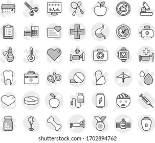 Editable thin line isolated vector icon set - doctor case vector, pill, hospital bed, apple, stomach, ambulance sign, cross, syringe, microscope, clipboard, jump rope, punching bag, medal, bone