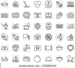 Editable thin line isolated vector icon set - balloon, recipe vector, fence, barn, pyramid, satellite, rocket, heart pendant, phone, speaker, welcome mat, blocks, connect, honeycombs, rake, toilet