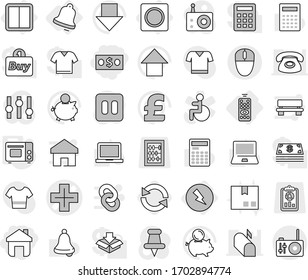 Editable thin line isolated vector icon set - money, home, cross vector, remote control, electricity, power switch, ring button, bell, grill oven, reload, package, calculator, notebook pc, up, pound