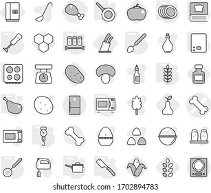 Editable thin line isolated vector icon set - chicken leg, bone vector, fridge, stands for knives, saute pan, kitchen scales, handle, skimmer, big spoon, chef knife, microwave oven, hob, blender