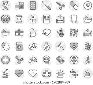 Editable thin line isolated vector icon set - medical cross vector, bandaged head, dna, pill, pills blister, ambulance car, anamnesis, sperm, brain, scalpel, doctor, chemical, heart pulse, bag