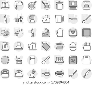 Editable thin line isolated vector icon set - cutting board, stands for knives, pan, vegetable oil, kettle, garlic clasp, ladle, big spoon, cooking book, salt pepper, spices, plates, sink vector