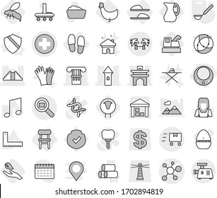 Editable thin line isolated vector icon set - necklace, medical cross vector, virus, column, tower, arch, pyramid, cargo search, fast deliver, palm hammock, chair, slippers, pipes, shield, ladle