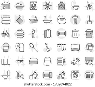 Editable thin line isolated vector icon set - washing machine, plate, rag, towel, bucket, soap vector, cleaner trolley, broom, scoop, sponge, trash bin, bath, toilet, drying clothes, washer, paper