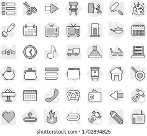 Editable thin line isolated vector icon set - home, calendar vector, drawbridge, building, repair, courier delivery, disco ball, restaurant, curtain, hanger, chair, phone, pan, fire, pretzel, hive