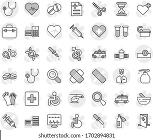 Editable thin line isolated vector icon set - doctor bag vector, heart cross, syringe, medical patch, stethoscope, head reflector, ambulance helicopter, first aid, liquid soap, gloves, pulse, vial