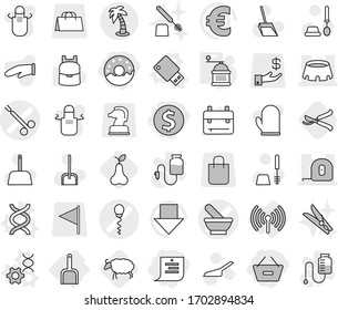 Editable thin line isolated vector icon set - dollar coin, remove from basket, shopping list, donut, mortar vector, sperm, surgical clamp, measuring tape, stadium, palm, wireless, scoop, dna, edit