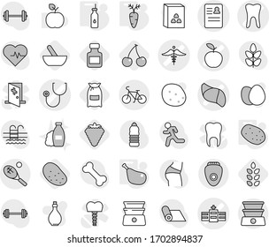 Editable thin line isolated vector icon set - stethoscope vector, hospital, anamnesis, apple, tooth, liver, ambulance sign, bike, tennis, vegetable oil, potato, chicken leg, carrot, mortar, berry