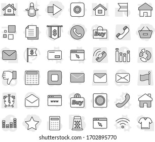 Editable thin line isolated vector icon set - remove from basket, star, right arrow, phone, ring button, envelope vector, wireless, browser window, grater, apron, calculator, flag, dollar, document