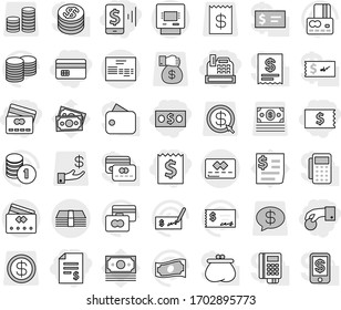 Editable thin line isolated vector icon set - hand coin, money, credit card, receipt, account balance, mobile pay, cashbox, invoice, atm, vector, cash, stack, check, dollar, investment, gift, arrow