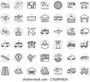 Editable thin line isolated vector icon set - dollar pin, delivery, journey, airport tower, warehouse, stairs, road, plane, loading crane, package, shipping, bus, sail boat, motorcycle, escalator