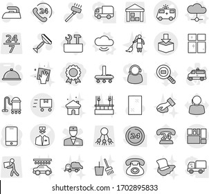 Editable thin line isolated vector icon set - medal, ambulance car vector, doctor, phone, consolidated cargo, package, fast deliver, repair tools, cloud, service, meal cap, scraper, vacuum cleaner