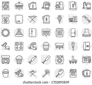 Editable thin line isolated vector icon set - air conditioning, iron board, washing machine, fridge, bucket, coffee maker, vacuum cleaner, kettle, kitchen scales, handle, grill oven, induction, hood