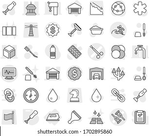 Editable thin line isolated vector icon set - crutch vector, monitor pulse, surgical clamp, goverment house, garage, 3d, surfer, watch, iron, atom core, blender, scraper, water drop, car fetlock