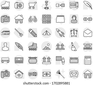Editable thin line isolated vector icon set - calculator, rocket, train, tent, camera, landscape, curtain, broom, laser vector, microwave oven, pretzel, fork, rake, pen, blackboard, glasses, cash