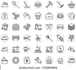 Editable thin line isolated vector icon set - pencil, workman, iron board, bucket, ladle vector, wheelbarrow, gears, pruner, scraper, vacuum cleaner, rake, steaming, clean floor, house cleaning