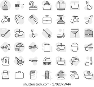 Editable thin line isolated vector icon set - cargo top sign, insurance, baggage, mirror, mixer, pan, ladle, scissors, shovel, axe, pruner, broom vector, water tap, fetlock, bucket, toilet brush