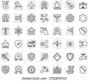 Editable thin line isolated vector icon set - medal, ambulance star vector, medical label, sign, university, flammable, train, tennis, shield, handwheel, water tap, handle washing, protected, funnel